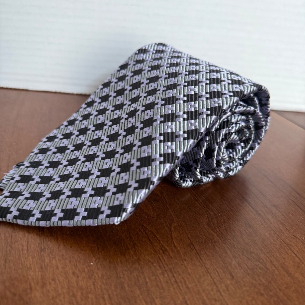 NWT XMI Mens Silk Tie Black Lavender Houndstooth Pattern Hand Made in USA‎